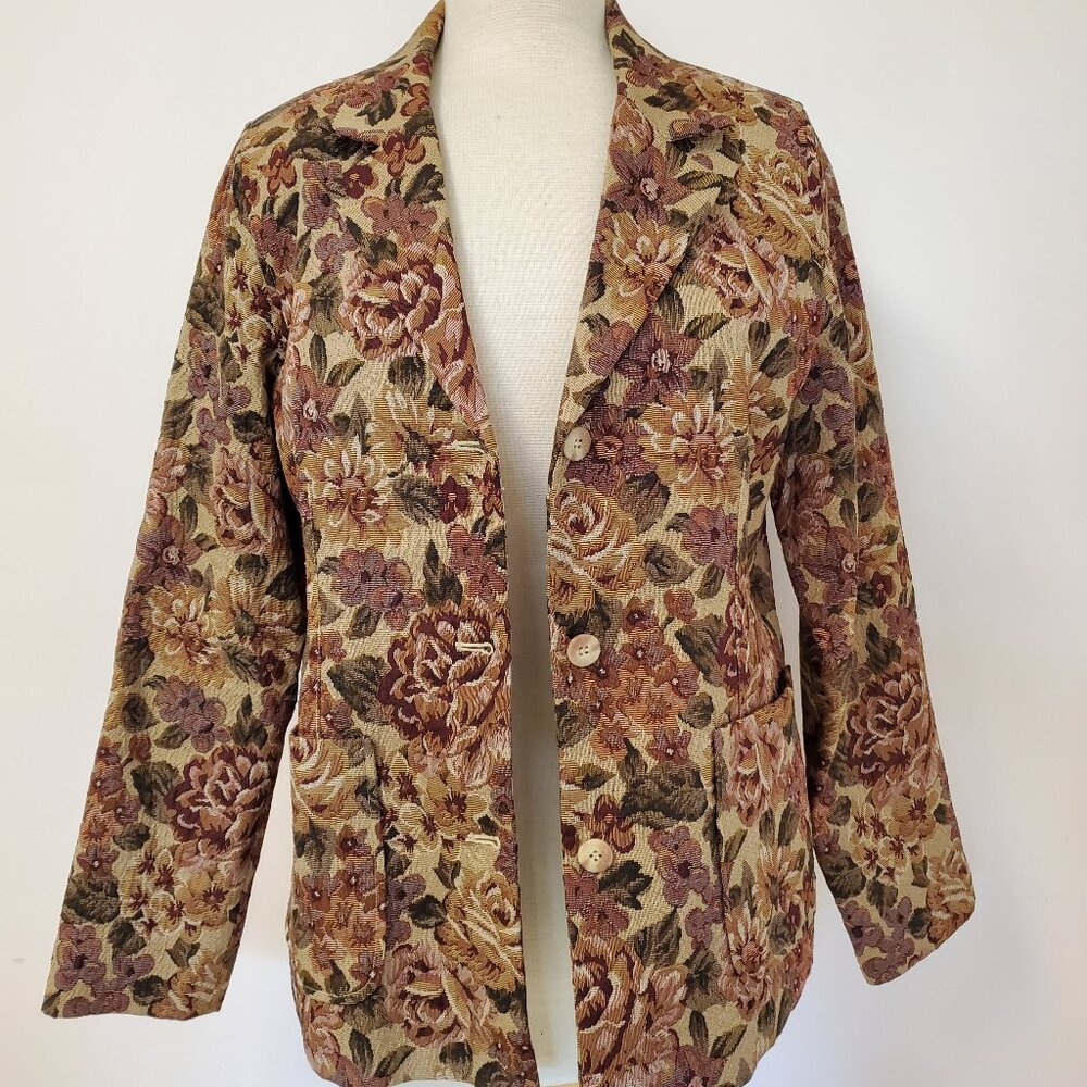 WinterSilks Autumn Rose Floral Tapestry Weave Jacquard Blazer Beige Maroon Green